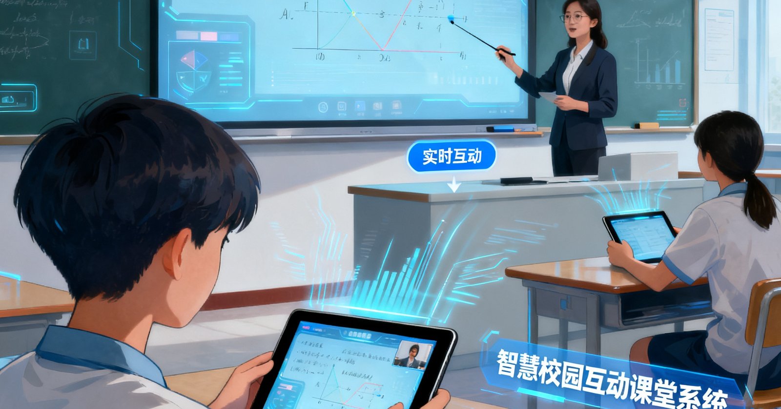 PA国际厅平台智慧校园互动课堂系统在高校智慧教室中运行，学生通过平板与远程教师实时互动，电子白板同步显示