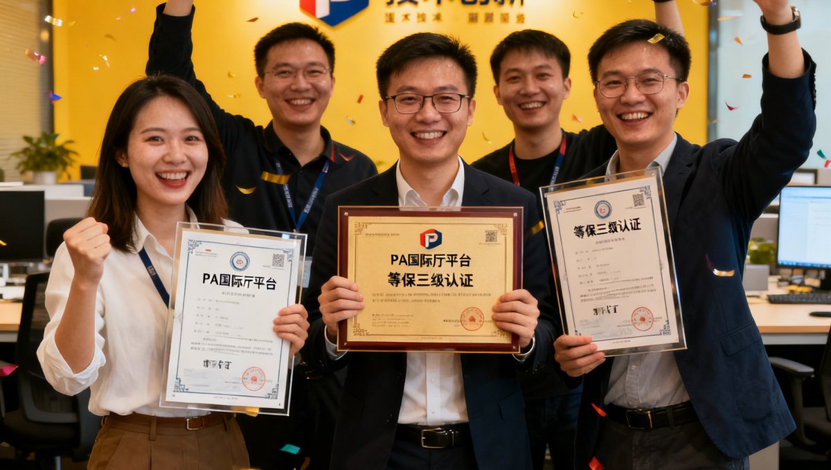 PA国际厅平台获得等保三级认证证书，技术团队在庆祝这一重要里程碑
